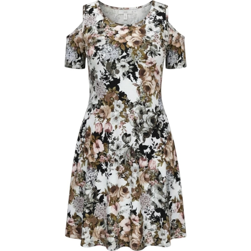 Vibe Sportswear Floral Cold Shoulder Tunic‎ Top 2X Strappy Sleeve Pink Brown ITY